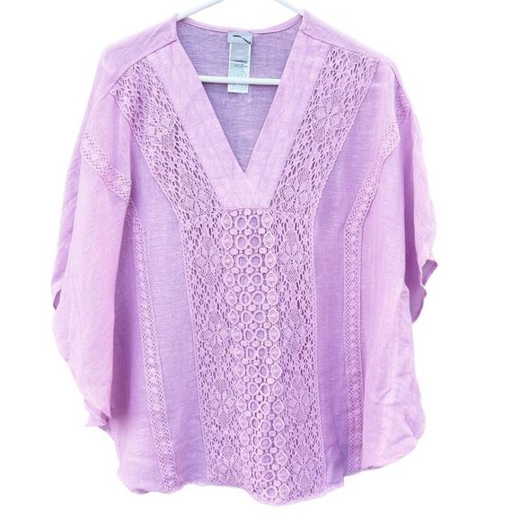 Chico’s size S/M linen blend dolman sleeve lace boho dusty rose top - Picture 4 of 7